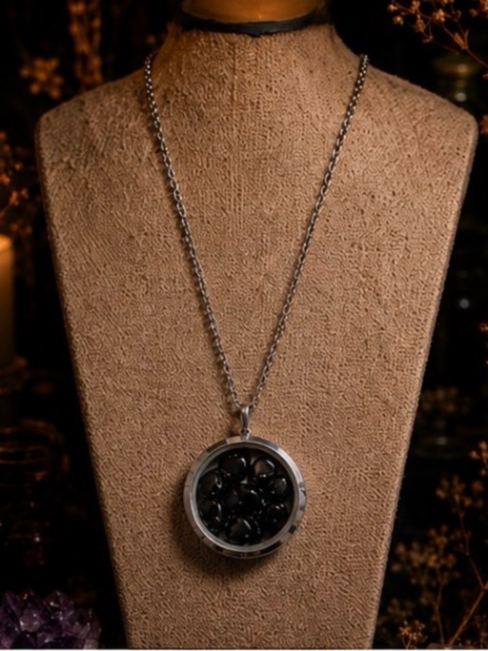 Natural Black Obsidian Floating Locket Necklace